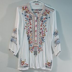 Johnny Was Embroidered Boho Cupra Rayon Tunic Blouse White Size M